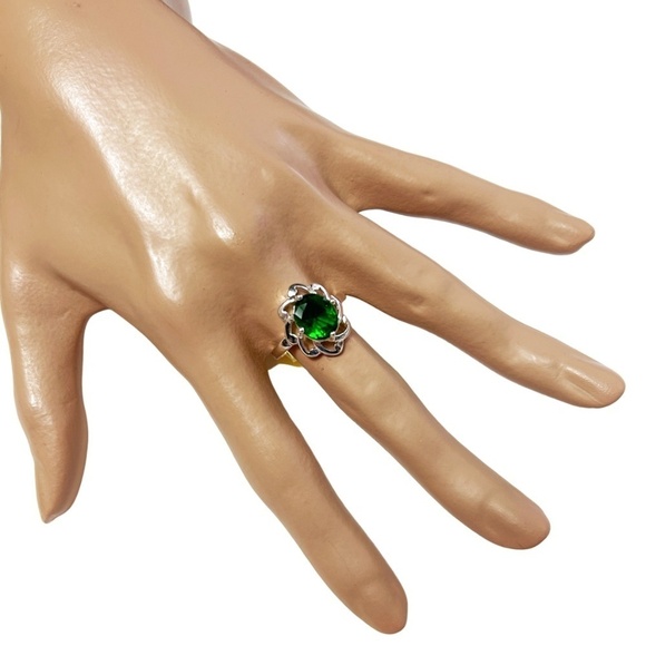 925 Silver Plate Dinner Ring Cocktail Ornate Faux Zircon Emerald Green NEW - Picture 6 of 10